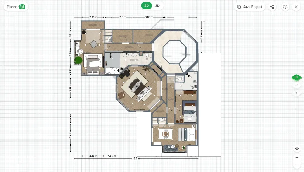 Planta de casa com 3 quartos e 2 banheiros