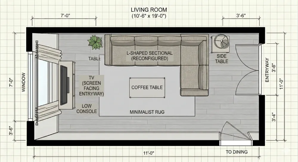 Floor plan of a narrow living room with an L-shaped sectional running along the longest wall, short return facing inward toward the TV wall.