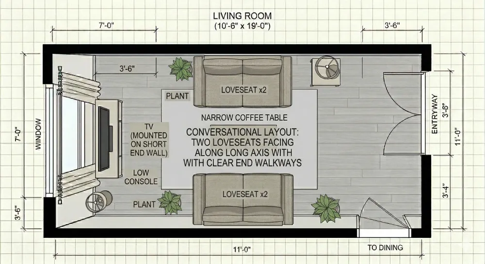 Floor plan of a narrow living room with two loveseats facing each other along the long axis, coffee table between them, walkways clear at both ends.