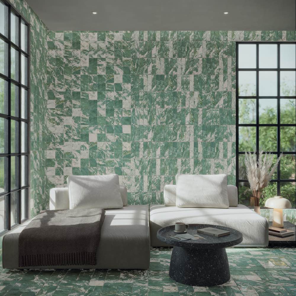 sala de estar con azulejos color turquesa. Cardenillo en decoracion