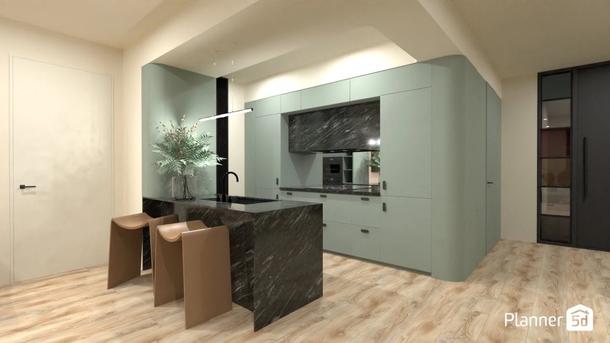 render 3d de cocina azul claro. Decoración con cardenillo