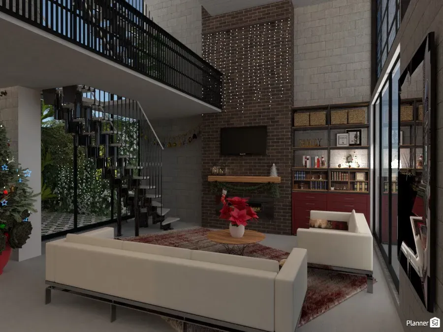 Casa de dois andares com decoração em estilo industrial, render 3D de casa dois andares criado no Planner 5D
