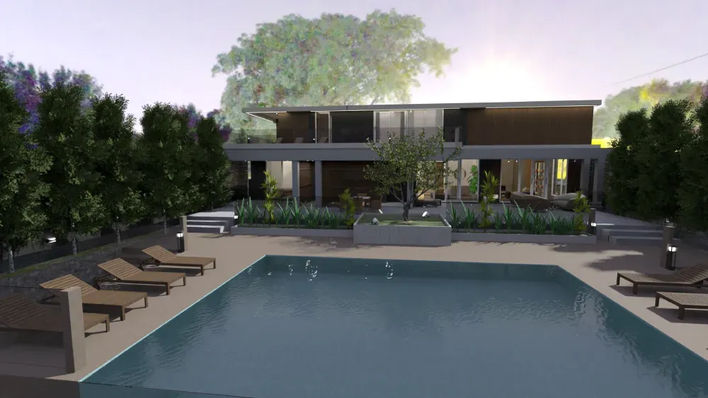 Casa de dois adares com varanda no segundo andar e área com piscina