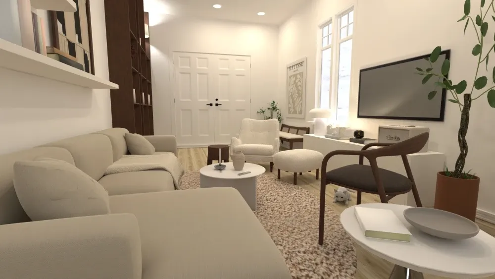 Render 3D de uma sala de estar reformada