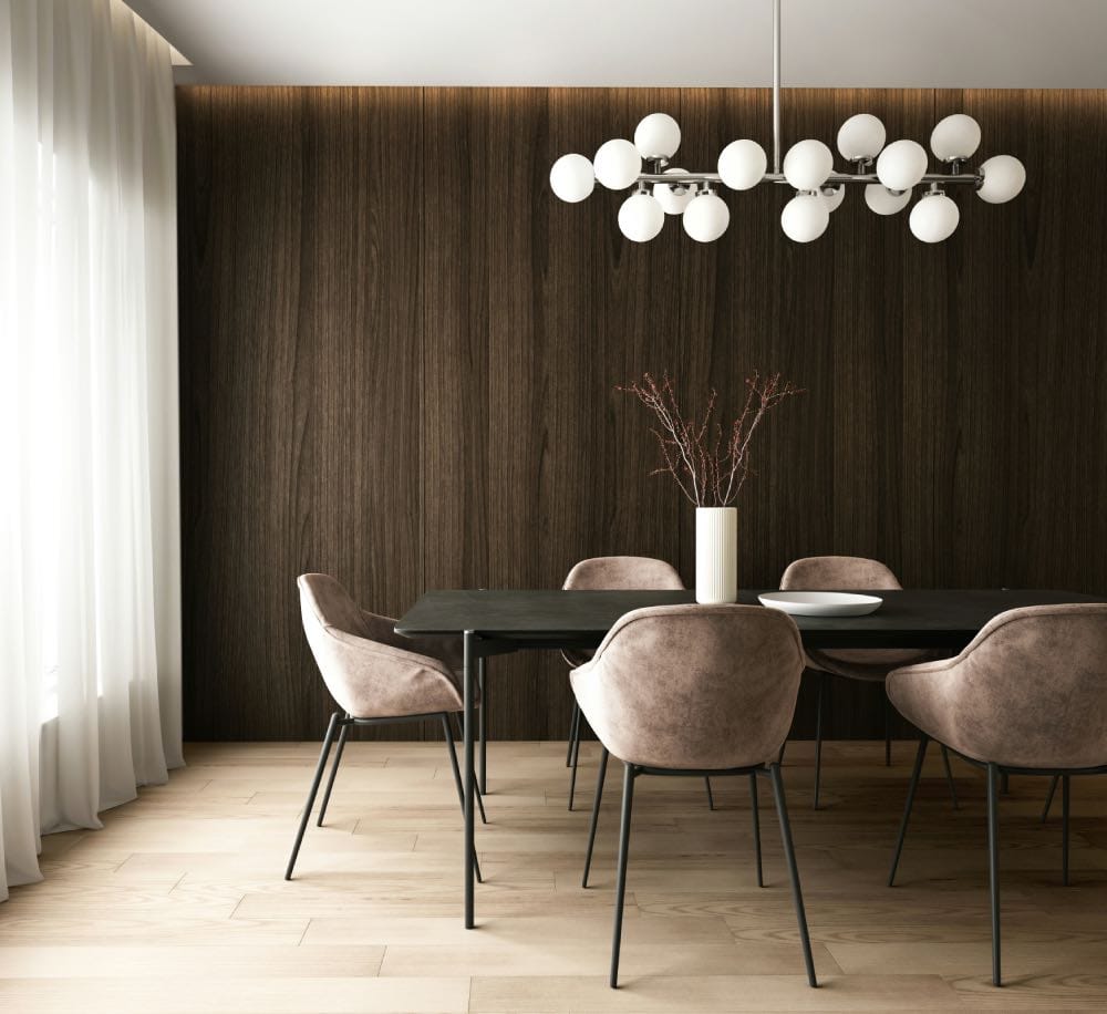 diseño de comedor moderno con mesa negra y sillas de terciopelo