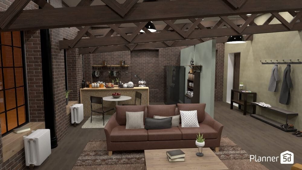 render 3d de apartamento tipo loft indutrial. diseño de interiores