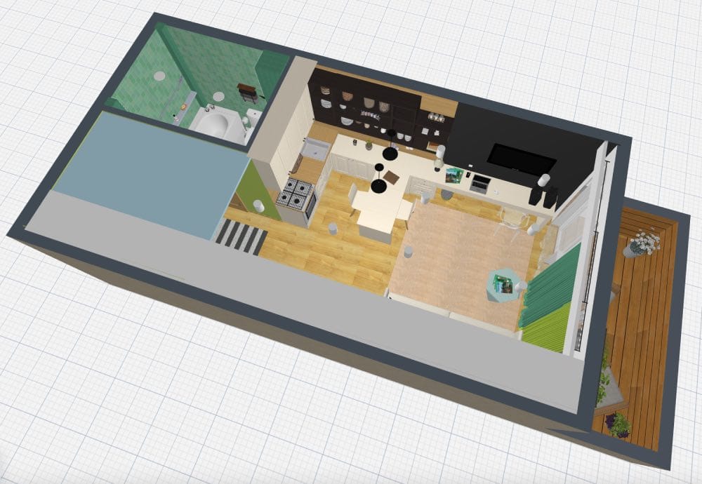plano 3d de apartamento tipo loft pequeño