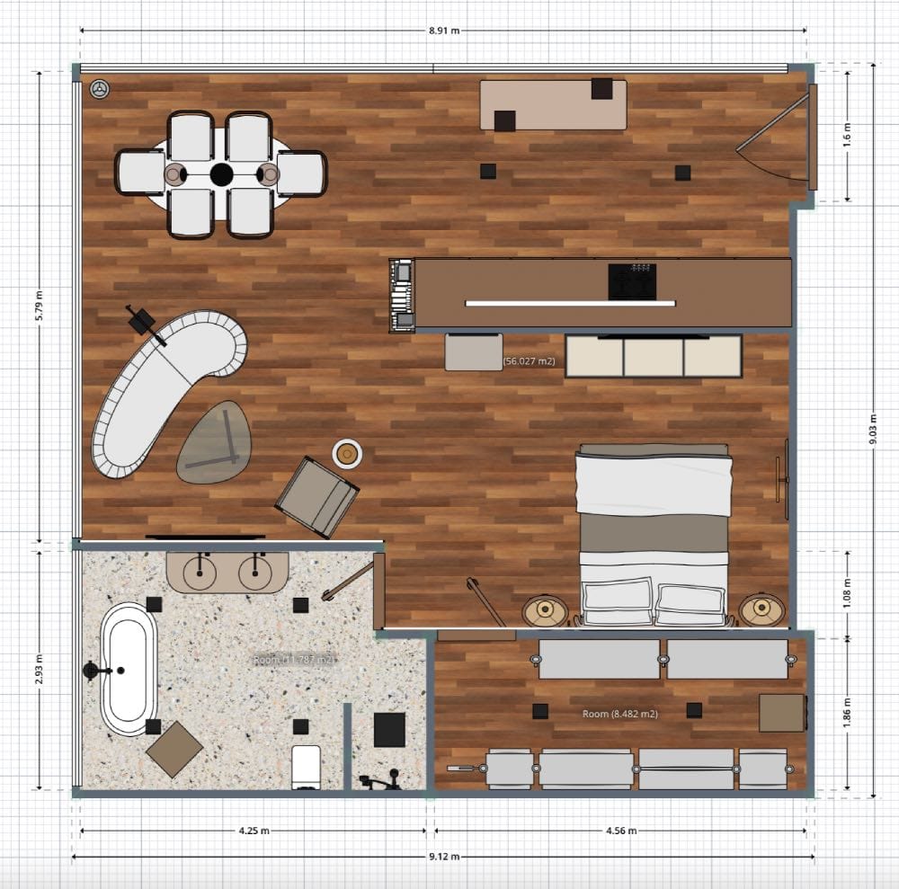 plano de apartamento tipo loft moderno mediano