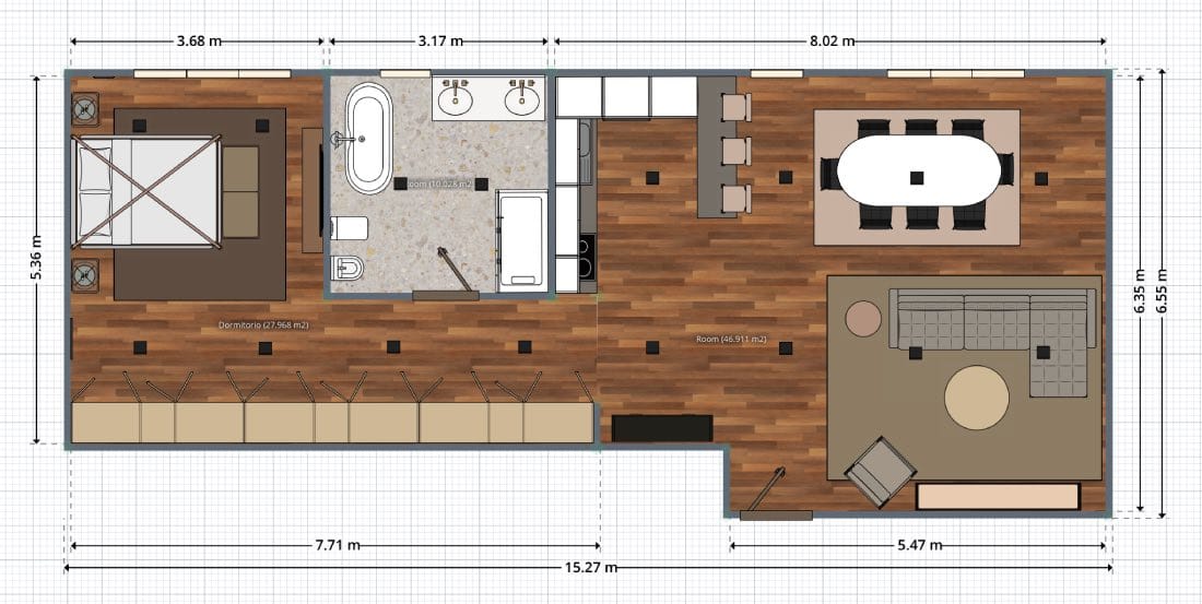 Plano de apartamento tipo loft grande moderno