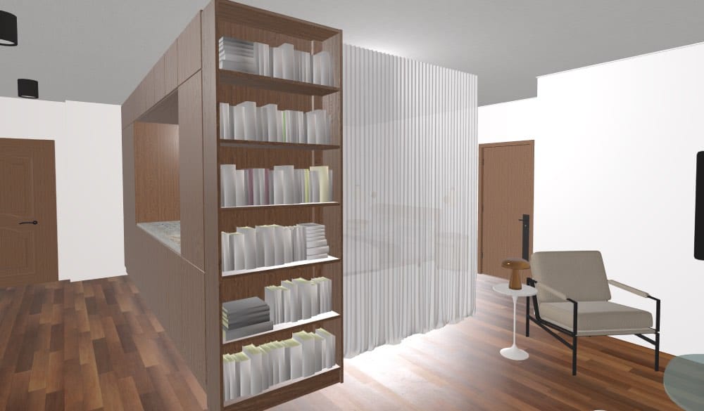render de apartamento tipo loft moderno con dormitorio y cortina separatoria