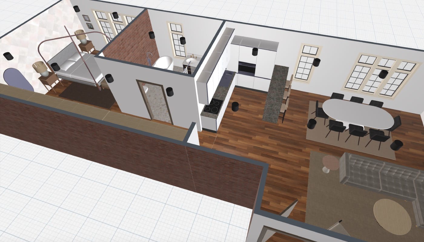 plano de apartamento tipo loft moderno con cocina abierta