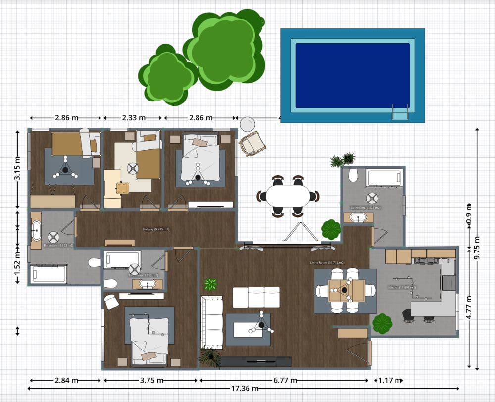 Plano de casa de 100 m² con patio y piscina, 4 dormitorios