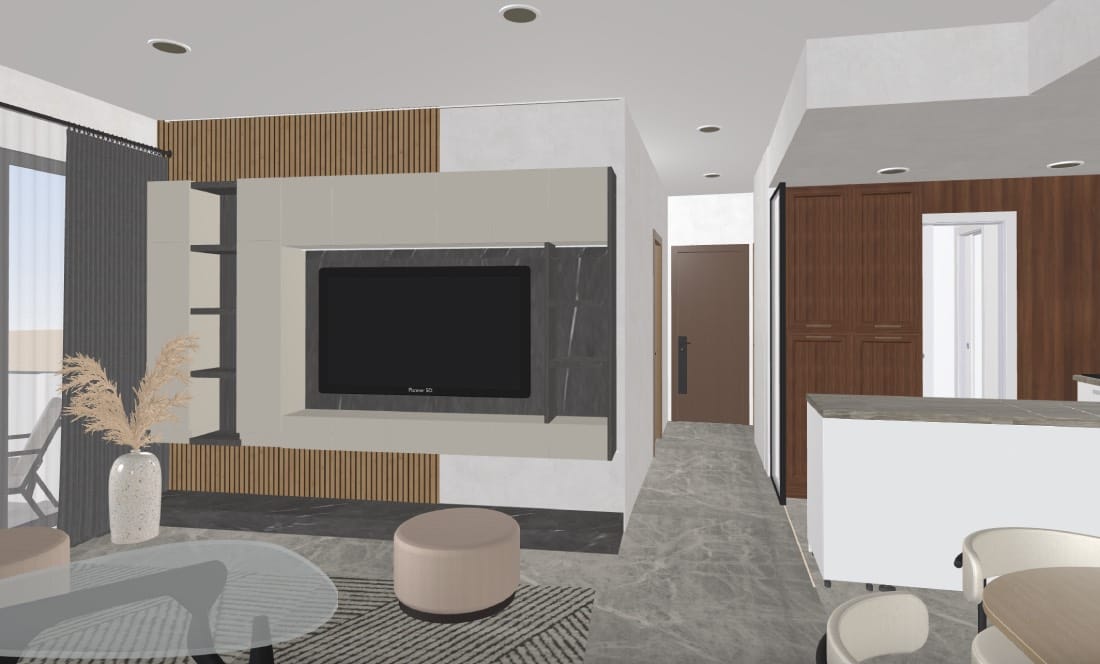 Planos de casas de 100 m². render casa moderna, salón-comedor y cocina