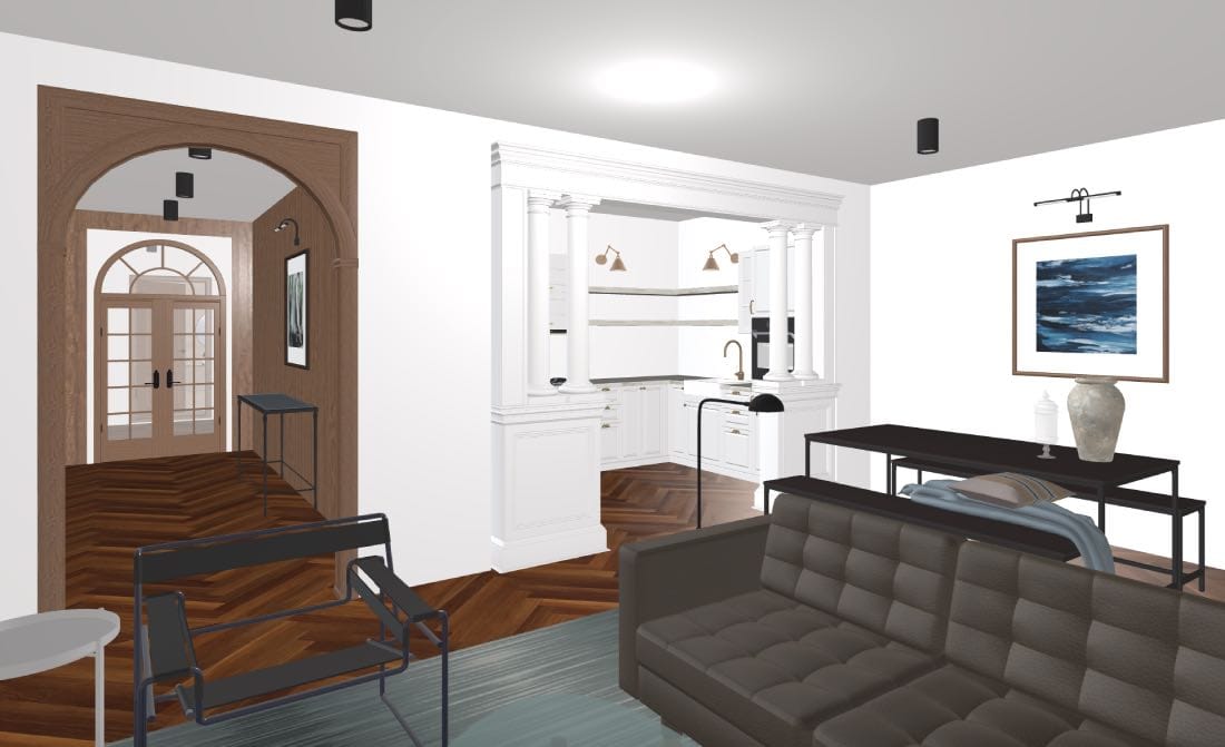render 3d, salón-comedor y cocina