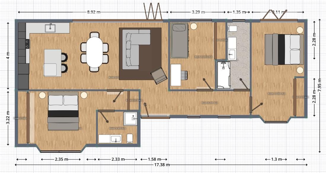 Plano de casa modernas de 100 m² en L con 3 dormitorios