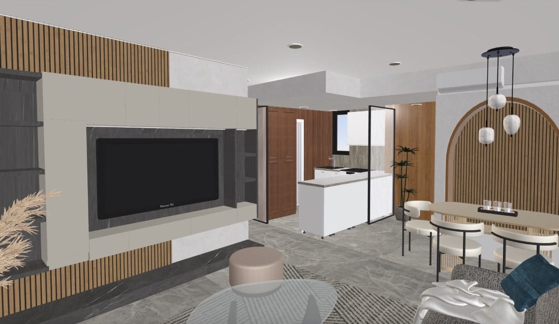 render 3d de salón-comedor-cocina abiertos en casa moderna