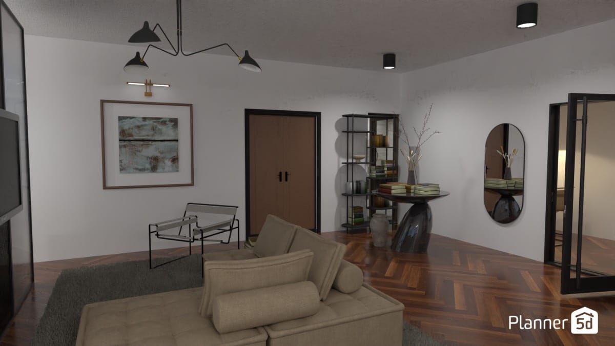 render 3d de sala de estar moderna con mesa de comedor
