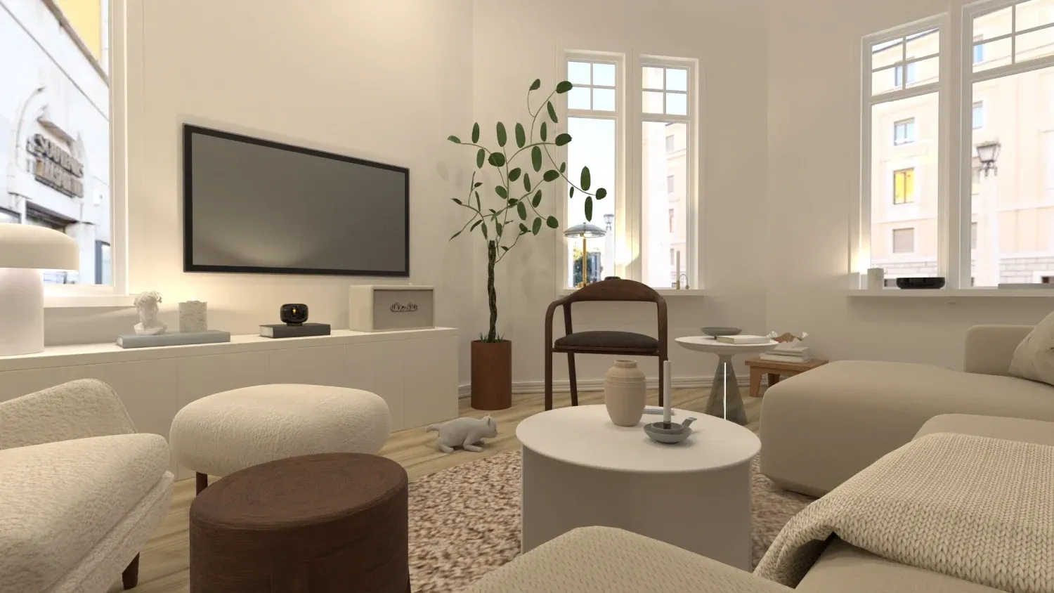 Render 3D de sala de estar com TV