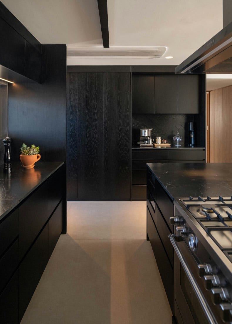 cocina integral negra moderna. muebles de madera lacada en negro