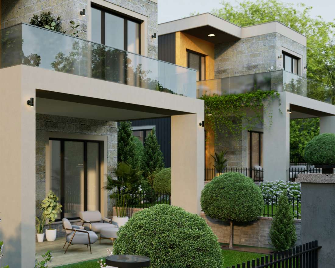 fachada de casa moderna color topo con jardín