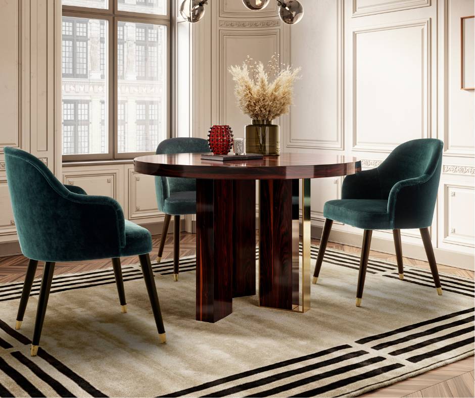 muebles de comedor modernos, sillas de terciopelo, mesa madera