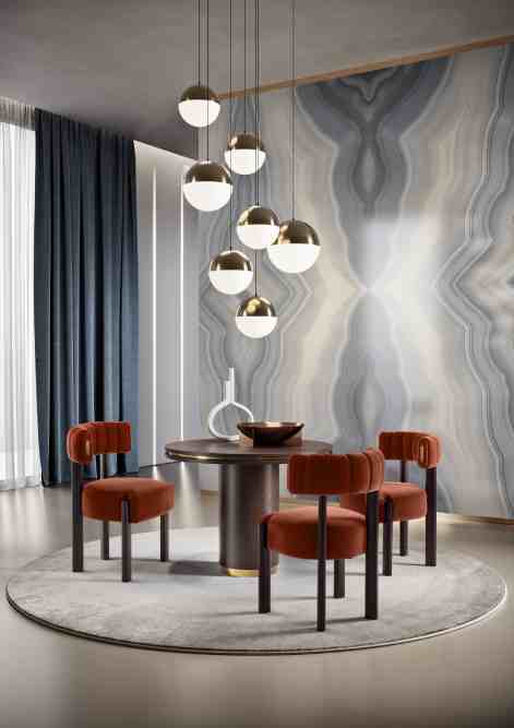muebles de comedor, mesa de madera y sillas de terciopelo