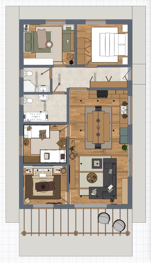 plano de casa moderna de una planta con 4 dormitorios