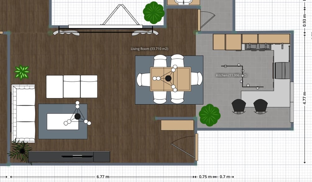 plano de sala de estar con medidas, comedor, cocina, planner 5d