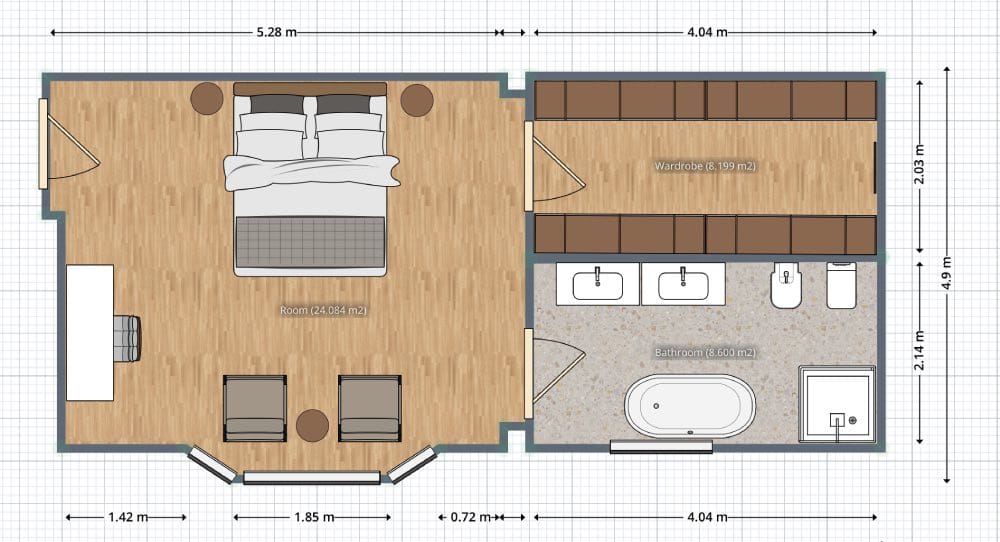 plano de dormitorio grande moderno con baño en suite y vestidor