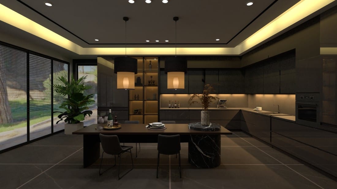 render 3d de cocina moderna, diseño de interiores