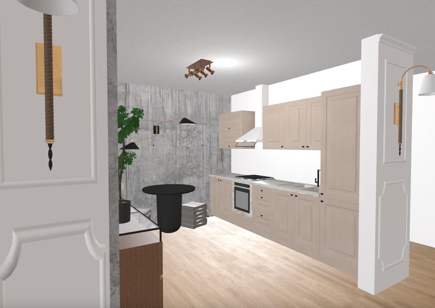 render 3d de cocina moderna. Muebles de madera, pared de hormigón
