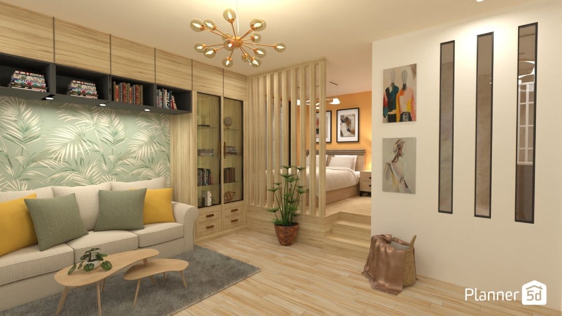 render 3d de apartamento tipo estudio, sala de estar y dormitorio