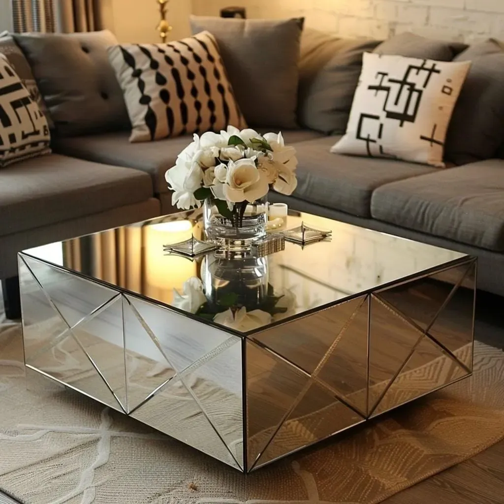 une table basse en miroir avec un bouquet de fleurs blanches