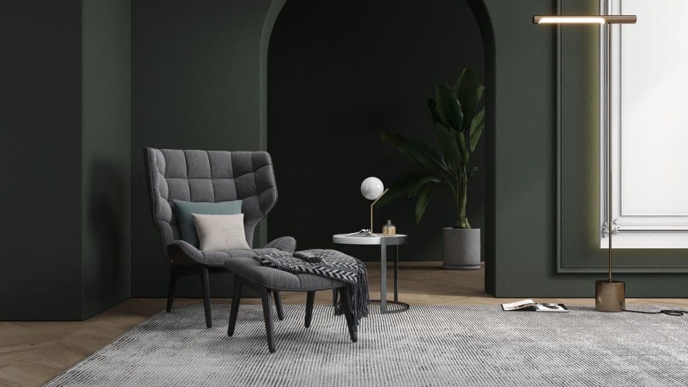 rincón de lectura moderno con sillón gris. tendencias iluminacion