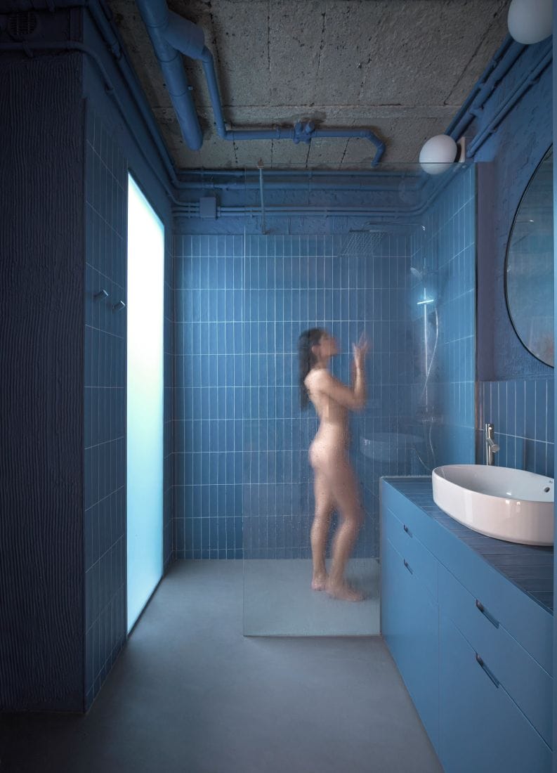 cuarto de baño azul en casa moderna