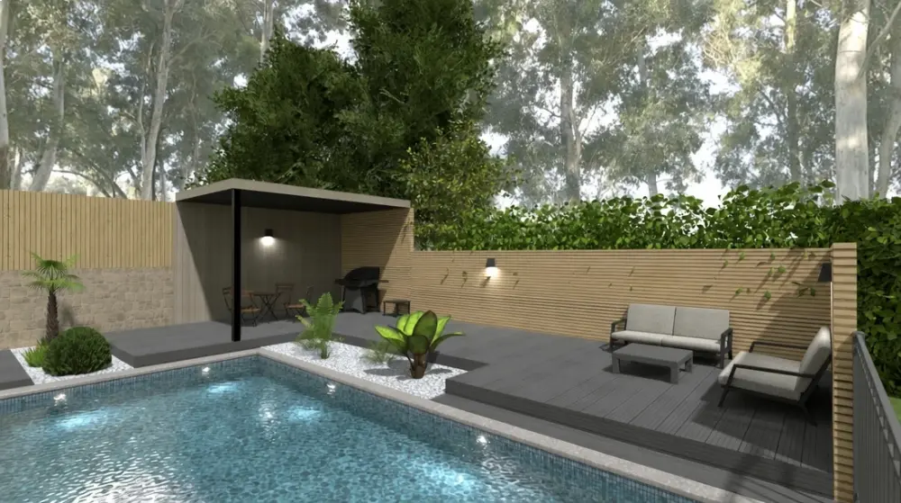 Backyard patio design with a pool created by AI studio