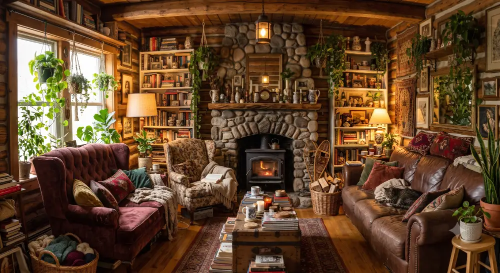 Busy room with large chairs and couches, lots of books and plants