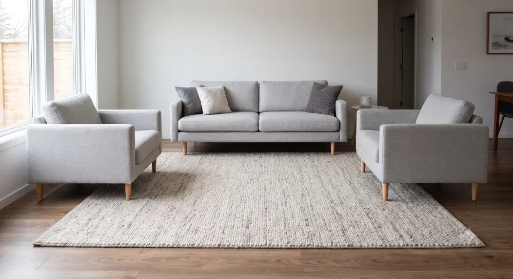 a couch, 2 arm chairs and large square carpet