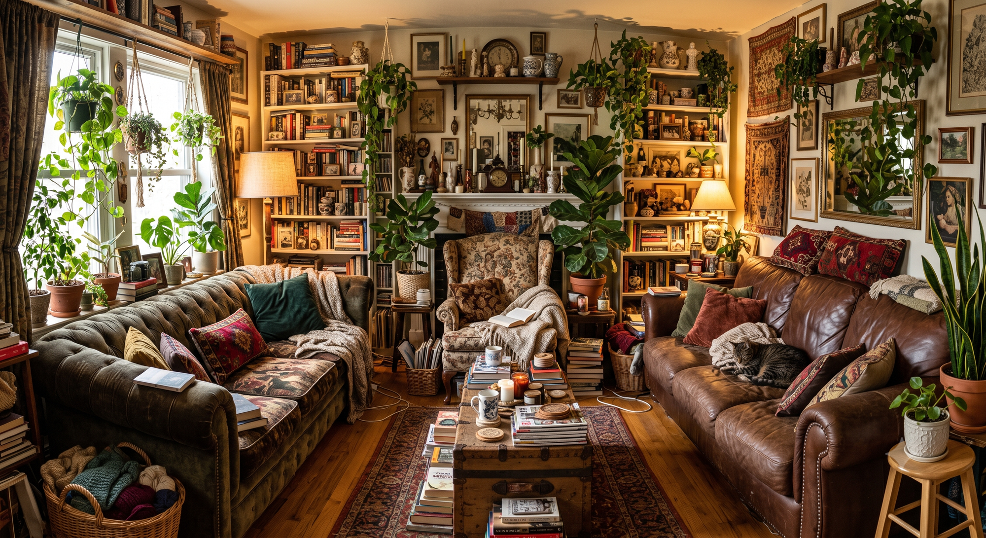 overcrowded room with bookshelves, couches and plants