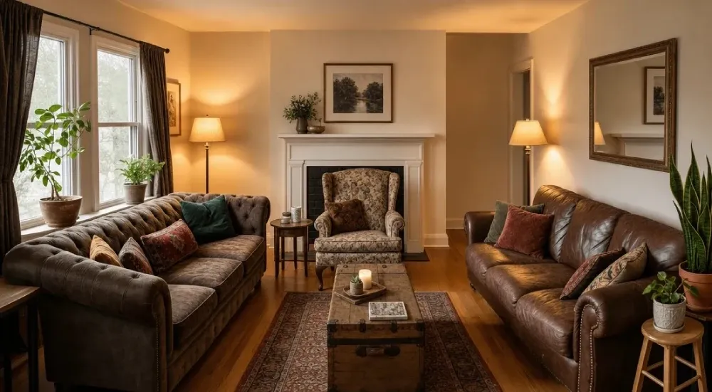 living room with two couches and a chair in front of the fireplace