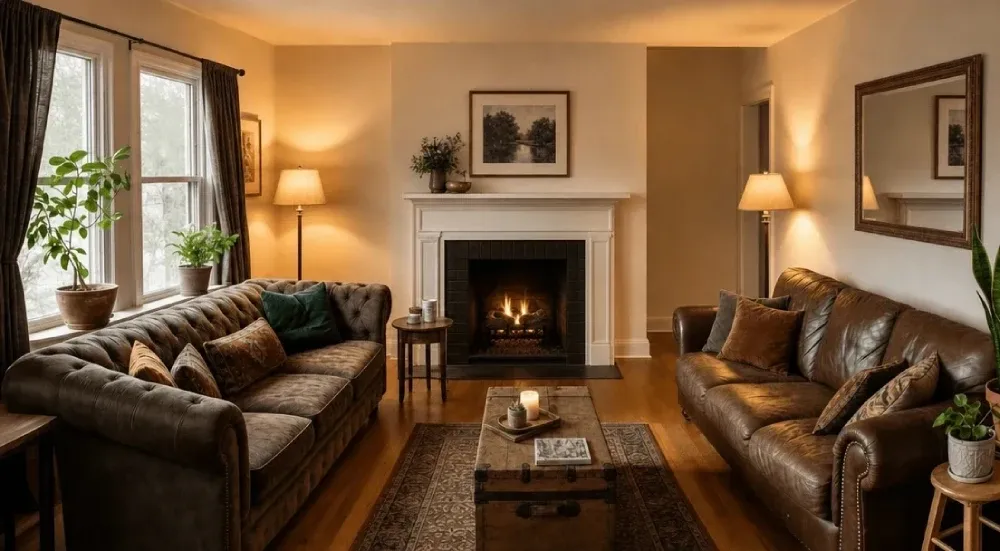 living room with two couches and a fireplace without the chair