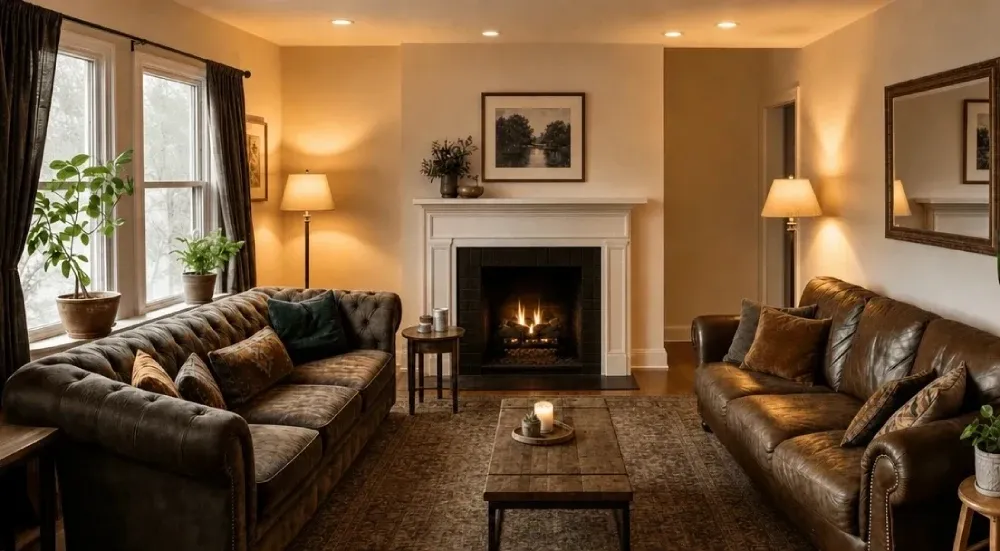 Living room with two couches, fireplace and windows