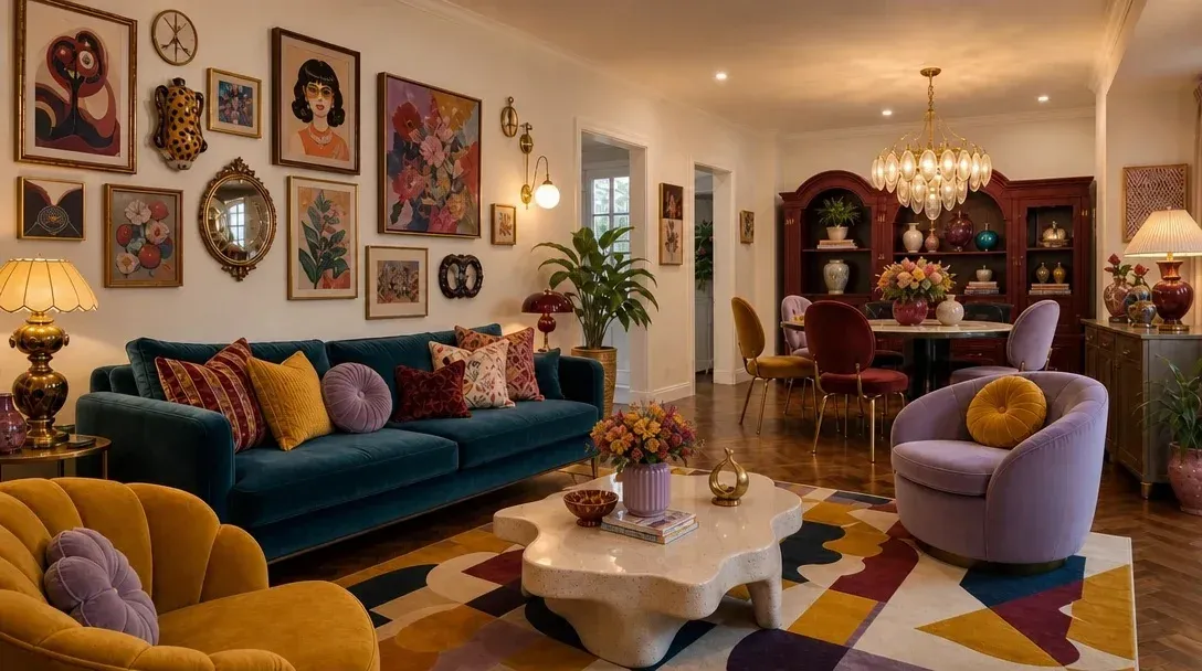 Estilo kitsch, sala de estar com design kitsch criada no AI Studio do Planner 5D