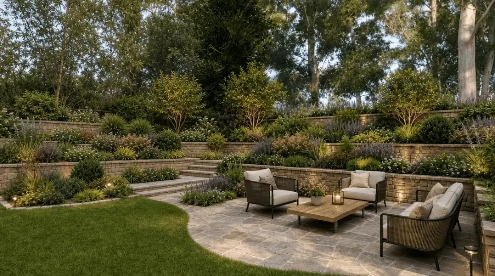 backyard patio surrounded by terraced garden beds