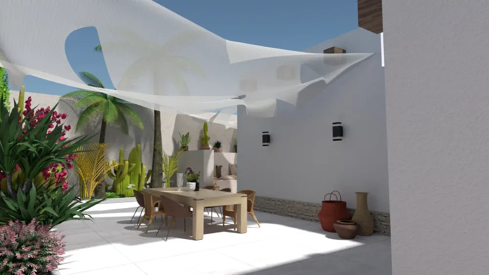 outdoor patio with shade drapes and plants