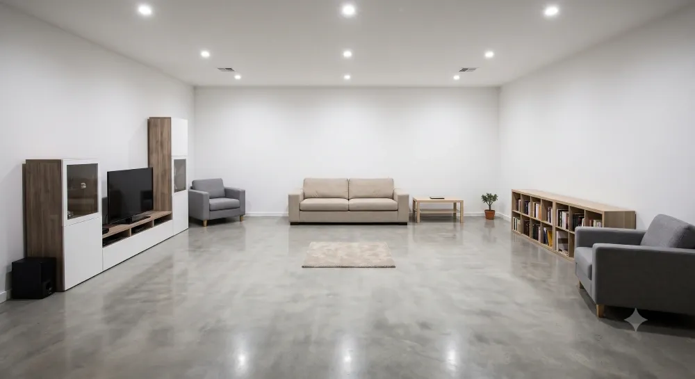 room with all furniture against the walls