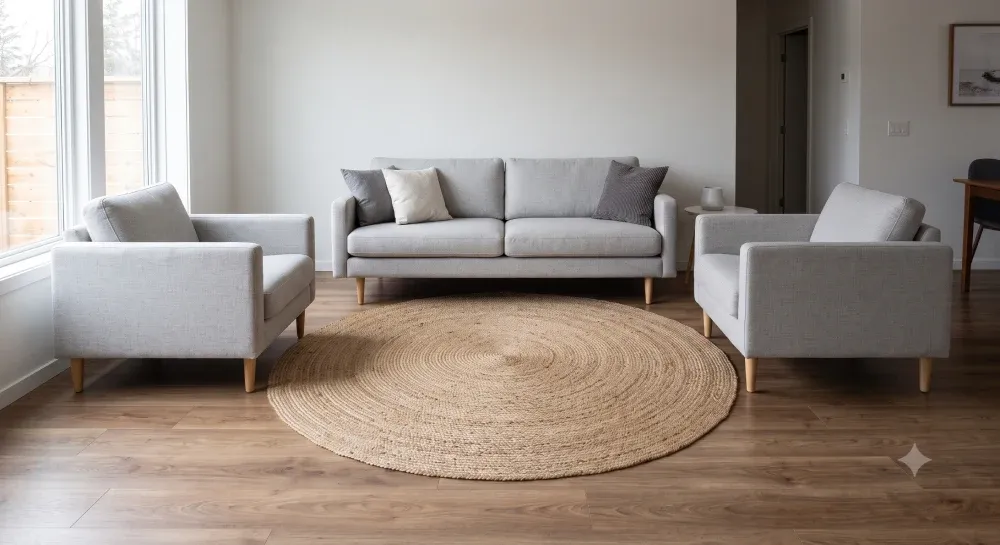 couch and two chairs with a small round carpet