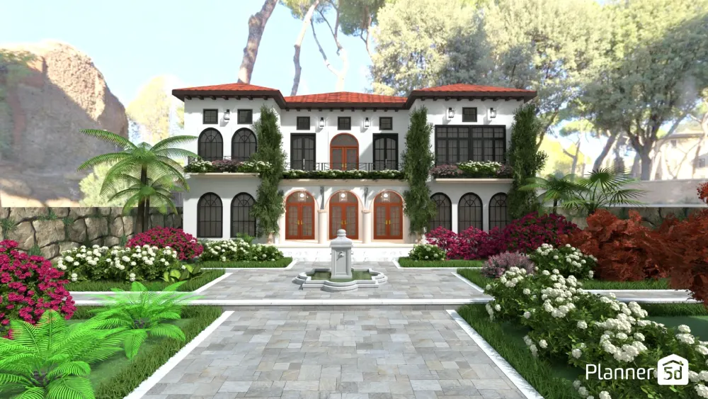 Glamorous villa with flowering garden and a fountain