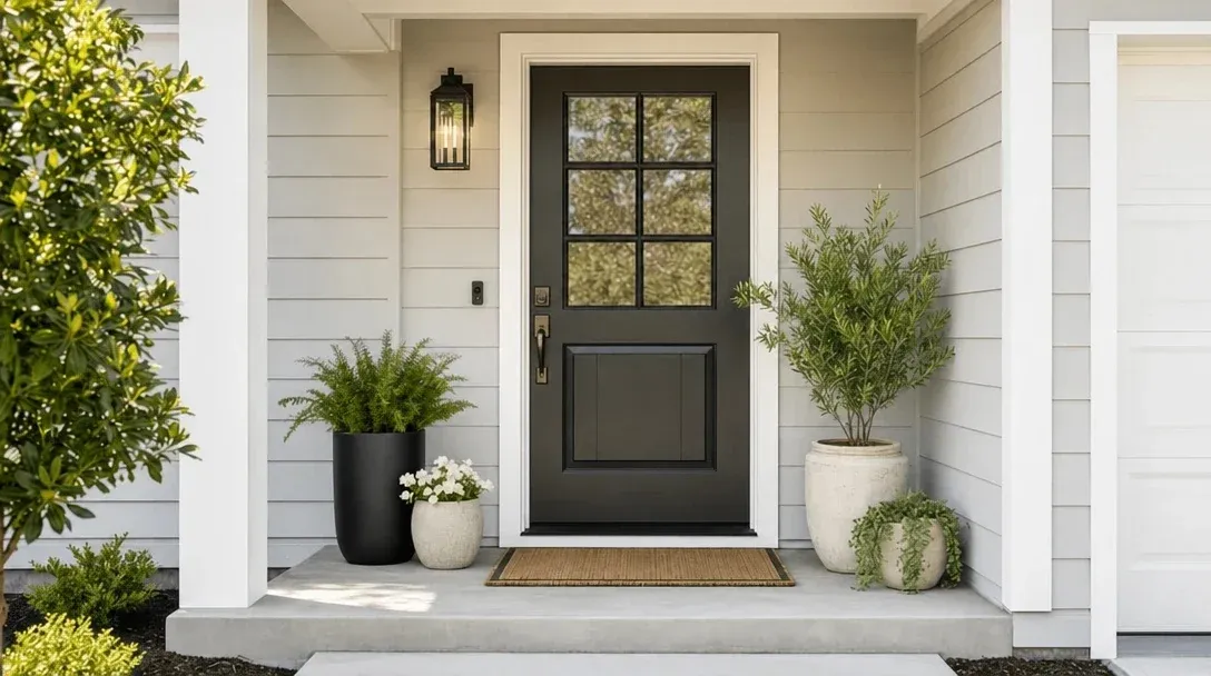 Best tips for home staging, staging a house for sale, entryway with plants and a black door