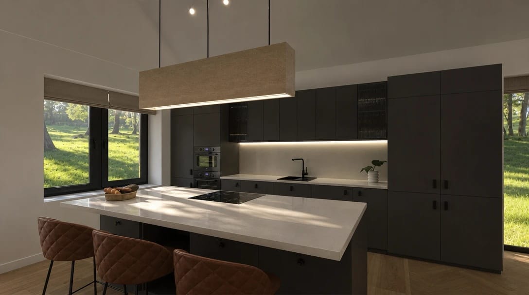 Kitchen with dark cabinets, a light countertop island, and three brown bar stools.